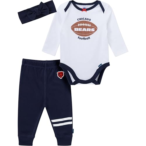 Gerber NFL Team Baby Girls' 3-Piece Onesie Bodysuit, Pants & Headband Set, Bears, 0-3 Months