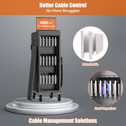 Image of Fully Assembled 18 Bay Laptop Charging Cart on Wheels, Heavy Duty Laptop Storage Cart for iPad Chromebook Tablet Up to 14-inch Screen with Key Lock, Charger & Cable Organization, Black