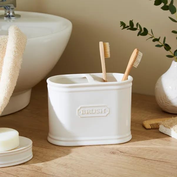 New White Stylish Vintage Ceramic Double Toothbrush Holder,Organizer with Two Compartments for Toothbrushes, Toothpaste & Bathroom Counter Clutter -M04