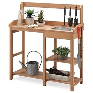 Psilvampottingbenchpolylumberpottingtablewithremovablestainlesssteelsinkandopenshelvesallweathergardentableworkstationplantingtableforgardenpatioandlawnsteakcolor Urban Country Home Decor Psilvam potting bench poly lumber potting table with removable stainless steel sink and open shelves all weather garden table work station planting table for garden patio and lawns teak color urban country home decor