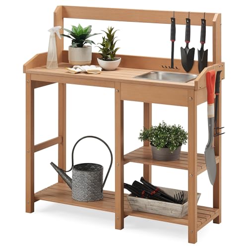 Psilvam Potting Bench Poly Lumber Potting Table with Removable Stainless Steel Sink and Open Shelves All Weather Garden Table Work Station Planting Table for Garden Patio and Lawns Teak Color
