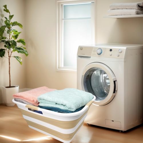 Image of SAMMART 42 (11 Gallons) Collapsible Plastic Laundry Basket, Foldable Pop Up Storage Container /Organizer, Space Saving Hamper, Portable Bin for Dorm Room Bathroom (1, White /Beige)