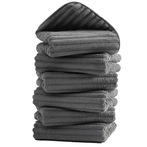 Image of 6 Pack Hand Towels, 16 inchx28 inch Microfiber Towels, Charcoal Gray | Soft touch feel, quick dry, Highly Absorbent, hanging loop, lint free, durable for daily bathroom, gym, spa, kitchen use