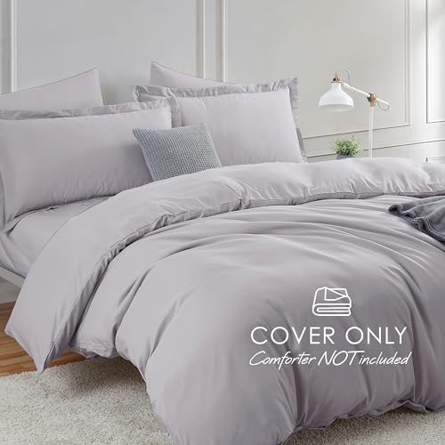 Image of Hearth & Harbor Grey Lavender Duvet Cover with Fitted Sheet Queen Size | 4 Piece Soft Double Brushed Bedding Set, Button Closure, 1 Duvet Cover 90x90 Inches, 1 Fitted Sheet, 2 Pillow Shams