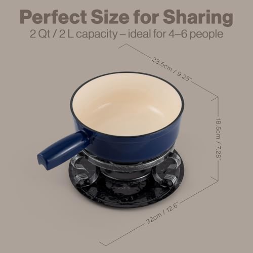 Image of Swissmar Lugano Cast Iron Cheese Fondue Set, 9-Piece, 2 QT / 2 L - Ideal for Melting Cheese, Chocolates, Caramel, & More - Perfect for Kitchen Collection & Gift Giving - Deep Blue