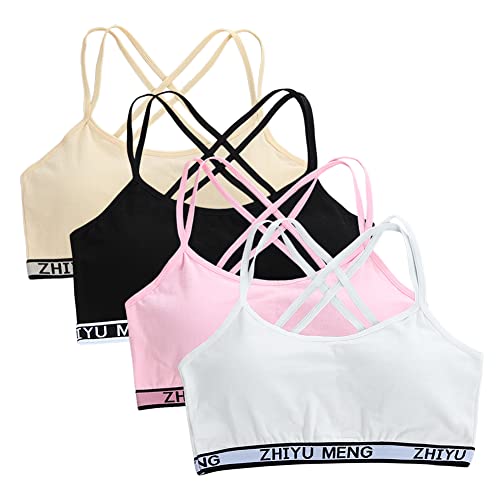 Girls' Training Sports Bra, Crisscross Back Padded Strappy Bra with Removable Cups Cotton Seamless Bralette 4-Pack, Pattern 2