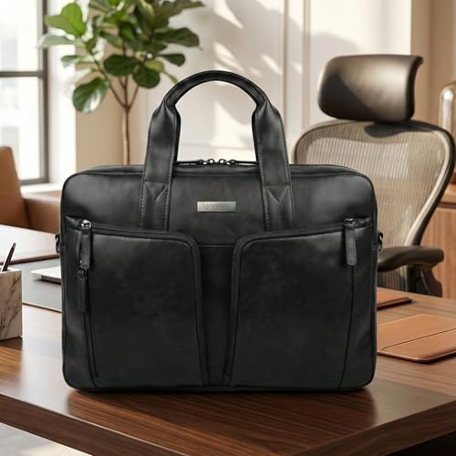 Image of VISMIINTREND Leather Laptop Bags for Men & Women, Office /Travel, Laptop Messenger /Briefcase Bag, Stylish, Fits 13 /14 /15.6 Inch Laptop, Macbook Bag | Corporate Gifts for Men (Orbit Black)