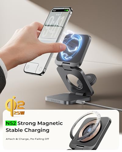 Image of 3 in 1 Charging Station for Apple - Qi2.2 25W Magnetic Wireless Charger for iPhone 17 /16-12, Apple Watch, AirPods, Travel Fast Charging Foldable Stand with 45W GaN Adapter, Aluminum Alloy Design