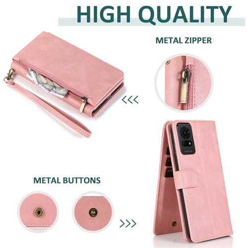 Étui portefeuille TCL 50 LE en cuir rétro or rose avec fermeture éclair zippée