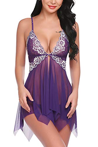 Avidlove Women Lingerie Lace Babydoll V Neck Nightwear Strap Chemise Purple XL