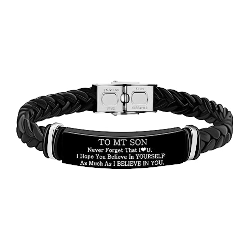 Image of Uloveido PU Leather Stainless Steel ID Bracelet for Son from Mom Dad, Encouragement Inspirational Gift to Men