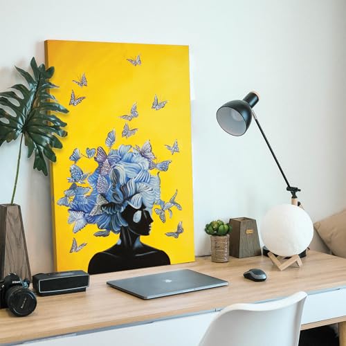 Image of PAINTINGMANTRA Stretched Modern Canvas Wall Art Painting, Women Blue Butterflies Artwork for Living Room, Home, Bedroom, Office Decoration (Set of 1, 16x22 Inch)