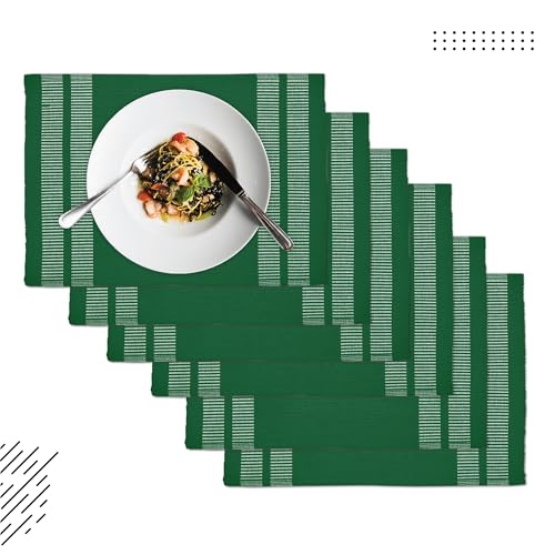 Image of Encasa XO Dining Table Mats Set of 6, Ribbed Cotton Table Mat 46x32 cm | Handmade Heat Resistance Table Placemats, Non Slip, Washable & Durable Place Mat for Centre Table, Living Room Ladder Dk Green