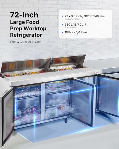 Image of VEVOR 72 inchW Commercial Refrigerator, 18.7 Cu. Ft Sandwich Prep Refrigerated Table, Mega Top Food Prep Fridge with 18 Pans and Cutting Board, Stainless Steel Salad Prep Cooler for Restaurant, Food Truck | 18.7 Cu Ft 3-Door Mega Top Salad Cooler, Thick Cutting Board, Stainless Steel Food Prep Fridge, for Restaurant, Food Truck