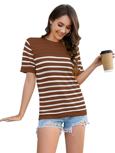 Image of ANCAPELION Women's Short Sleeve Sweater Top Striped Knit Crew Neck Pullover for Summer Trendy Shirts