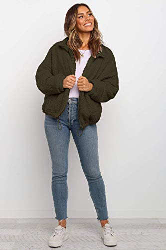 Prettygarden Women's 2023 Fashion Winter Coat Long Sleeve Lapel Zip Up Faux Shearling Shaggy Oversized Shacket Jacket (Style One Army Green,Large) #TOP2
