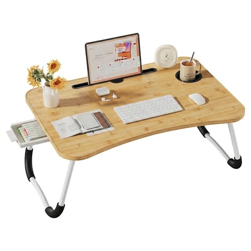 Bandeja para Cama con Cajón, Mesa Plegable de Desayuno, Ideal para Portátil, Ordenador y Libros, Ergonómica, 60x40x28 cm, Estampa de Bambú