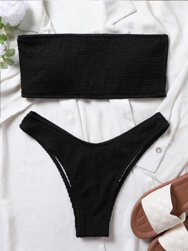 Bikini bandeau côtelé sans bretelles noir M maintien optimal