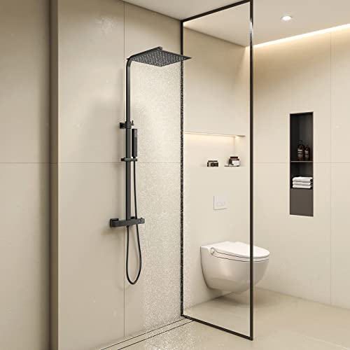 KOMIRO Colonne de Douche noir, Colonne Douche avec Mitigeur Douche Thermostatique,Haute Pression Douchette et Douche de Tête 25x25 cm, Système de Douche