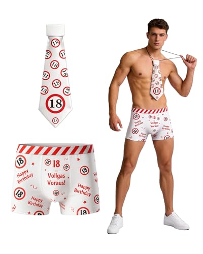 WenmthG Geschenk für 18 Geburtstag Junge - 18 Geburtstag Junge Boxershorts und Krawatte rot-weißes Design mit Verkehrsschildern und Lustige Sprüche - 18 Jahre Geschenk