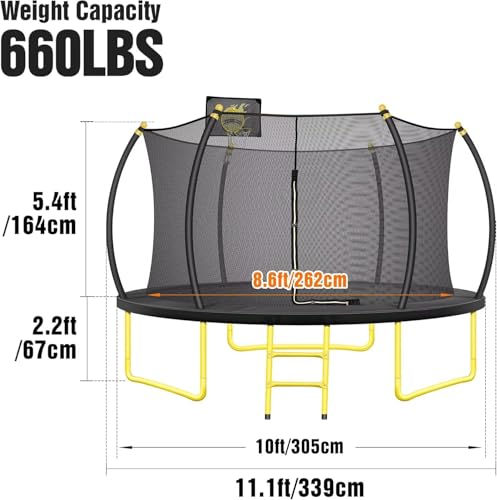 Image of 14FT Pumpkin Trampoline for Kids Adults, ASTM Approved Outdoor Recreational Trampoline with Basketball Hoop, Balance Bar and Enclosure Net, Yellow