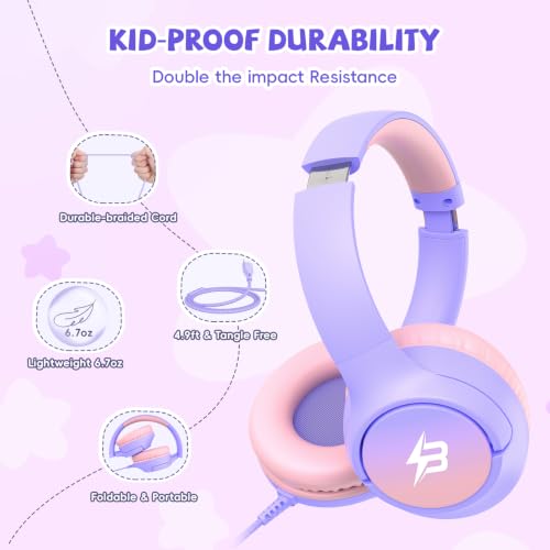 Image of USB C Headphones Wired for Kids, 85 /94dB Volume Limit With Mic, Purple | Kid Headphones for School, Wired Over Ear USBC Plug in Corded Headphones for Boys Girl Toddler, iPad, Tablet, Airplane Travel