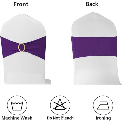 Image of Purple Chair Sashes 50 Pack with Gold Buckle Slider, Spandex Chair Bows Bands for Folding Chairs Wedding Party Birthday Decor