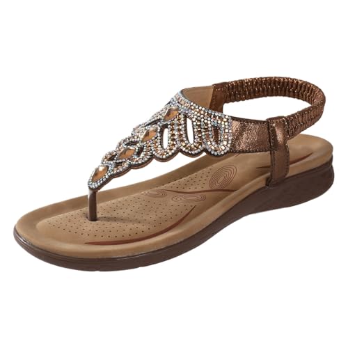 Sandalias casuales para mujer con diamantes de imitación, cómodas, con tacón de cuña y suela antideslizante, perfectas para uso diario y salidas a la playa. (Brown, 36)