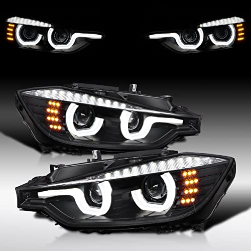Autozensation Compatible with 2012-2015 BMW F30 3-Series Sedan, Left + Right Pair Headlamps Assembly, Black LED U-Halo HID Type Projector Headlights w/LED Strip