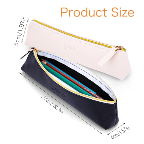 Image of 2Pcs Leather Pencil Case, Zipper Small Pencil Pouch, Aesthetic Portable Travel Cosmetic Bag, Lovely Stationery Bag for Pens Pencils Markers(Beige+Black)