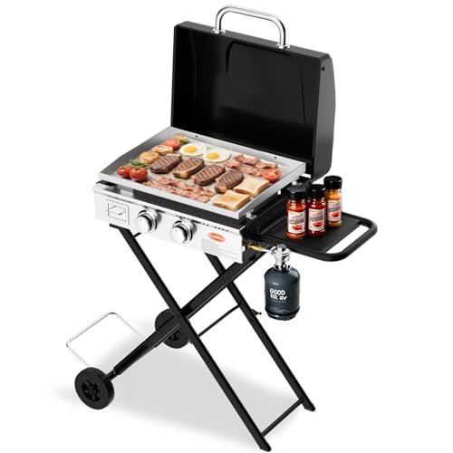 Hisencn - Parrilla de camping de 22 pulgadas con ruedas - Parrilla portátil de propano, parrilla sobre la marcha, parrillas de parte superior plana con capucha, parrilla al aire libre, rodillo todo