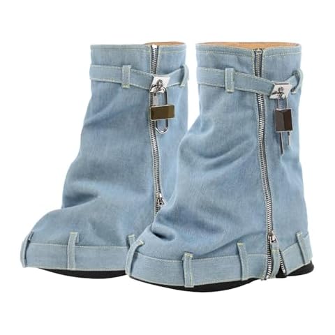 LISHAN Women's Platform Boots Mid Calf Padlock Shoes Wedge High Heels Fold Over Down Short Boots Side Zipper Pull On Slouchy Booties Shoes Denim Light Blue Size 10 Cover