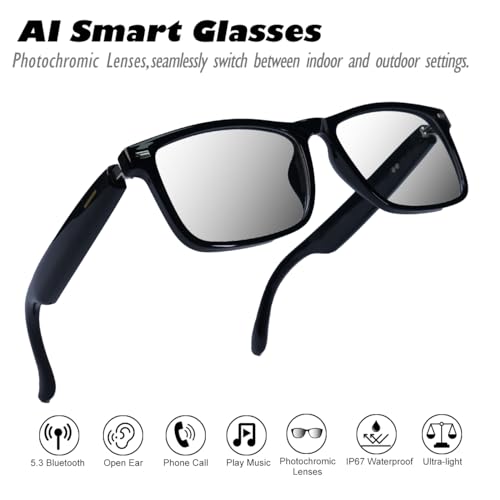 Image of AI Smart Glasses, Anti Blue Light Bluetooth Translation Glasses with 164 Hands-Free Calls & Audio Multifunctional Smart Sunglasses for Men Women Travel Trade Business (KL07-Black-Color-Change-Lens)