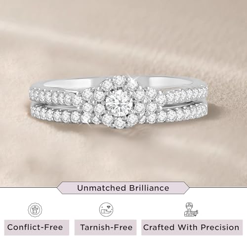 Jewelili 925 Sterling Silver Diamond Ring for Women | 0.50 CTW Round Bridal Set Wedding Engagement Rings | H Color I1 Clarity | Lab Grown Diamond Ring | Size 6,7 & 82