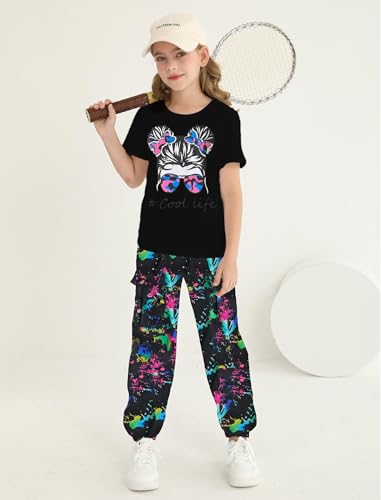 Image of Girl Clothes Cute Cool Girl Tops Splicing Pants 2 Piece Girls Summer Outfits 6-14 Years