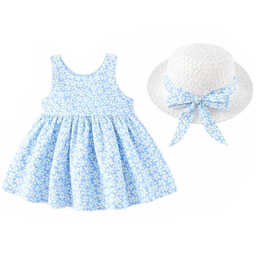 Image of Bold N Elegant Baby-Girl's Summer Sleeveless Cotton Floral Heart Print Princess Midi Dress Frock Tutu with Hat for Girls