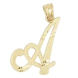 Ice on Fire Jewelry 10k Solid Real Gold Cursive Initial Pendant, English Alphabet A-Z Letter Charm with Diamond Cut (A)