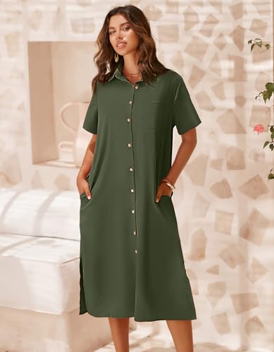 Image of Zeagoo Women Dresses Summer Casual Short Sleeve Button Down Shirt Dresses 2026 Beach Cover Up with Pockets