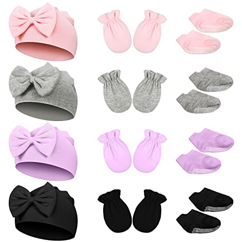 Image of 12 Pairs Baby Newborn Beanie Hat with Bow, Anti Slip Baby Socks and Cotton Gloves No Scratch Mittens Beanie Cap (Multi Color)