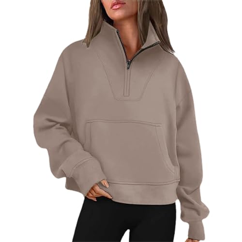 Sudaderas con cuello alto y media cremallera para mujer, con bolsillos, para otoño e invierno, a la moda, de manga larga, color liso, abrigo, abrigo, informal, chaqueta holgada, A-caqui, XXL