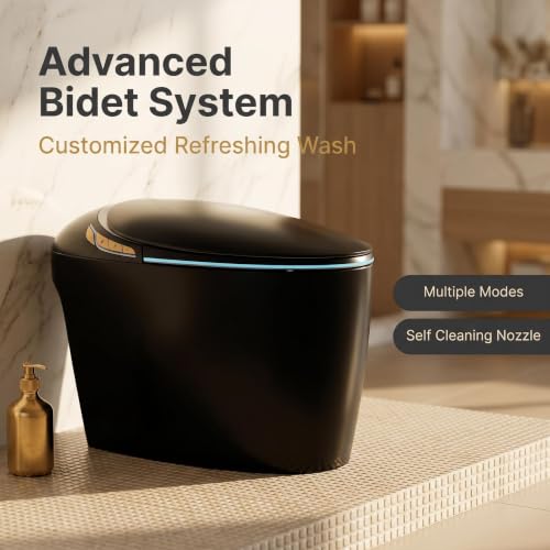Inodoro inteligente con bidet integrado, inodoro monobloque con apertura y cierre automático, negro moderno de 10 pulgadas con sensor de pie y pantalla LED, 1,28 GPF por descarga, asiento calefactado y luz nocturna miniatura 5
