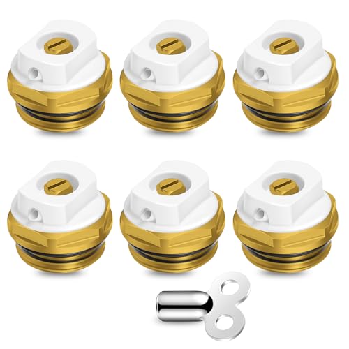 6 Stück Heizkörper Entlüftungsventile, 1/2 Zoll Messing Heizung Entwässerungsventil mit Entlüftungsschlüssel Entlüftungsstopfen Manuell Heizungsventil Entlüfter Heizung