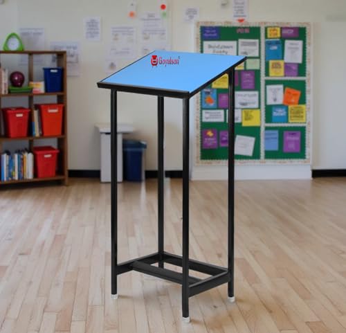 Image of Teachers /podium /portable durable lecture stand of cast iron support frame with powder coated paint and wooden top (Blue, With Four Pipe Support)