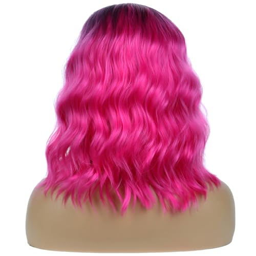 Image of BERON Hot Pink Short Wigs Curly Bob Wig Ombre Color Wavy Hair Wigs Side Part Women's Synthetic Wigs Daily Party Use