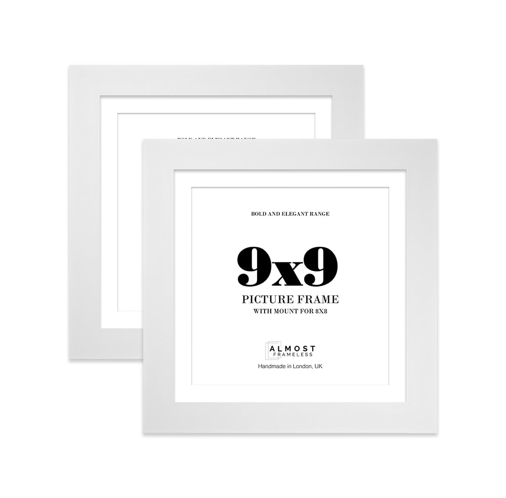 9x9" White Square Frame With Mount for 8x8" Pictures 28mm Edge Frame Display with Wall Hooks and Kickstand, 2 Pack