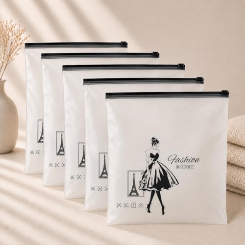 Image of PulGos Pack of 5 Multipurpose Storage Bags - Frosted Semi-Transparent Travel Pouches with Print | Reusable Zip Bags for Toiletries, Makeup, Shoes & Gifting | Travel Packing Cubes