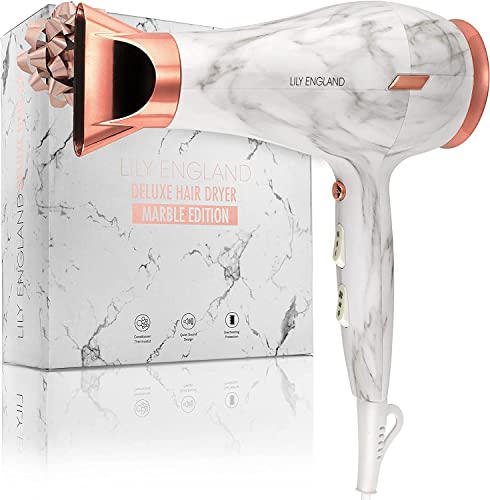 Lily England - Secador Profesional - Secador de Pelo para Mujeres - Secador Ligero de 1800 Vatios con 2 Velocidades, 3 Ajustes de Calor y Botón de Disparo Frío - Oro Rosa / Mármol Cover