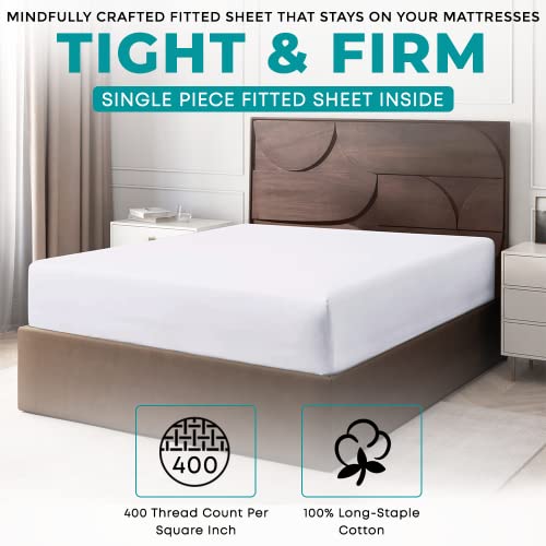 Feather & Stitch Queen Size Fitted Sheet|100% Soft Cotton 400Tc Sateen Weave Bottom Sheet|17" Elastic Deep Pocket Bedding Mattress Cover|Breathable Durable Sheet|Hotel Luxury Decor|White #TOP2