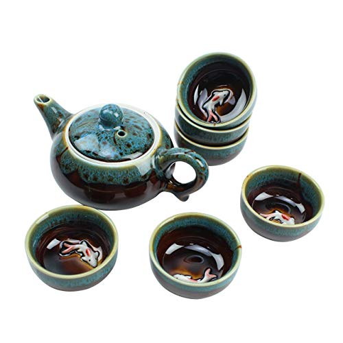 Blue Traditional Porcelain Loose Leaf Chinese Teapot 6oz Set With 6 Unquie Small Tea Cup 16oz Fancy Raised Kio Fish Antique Vintage Great For Brewing Oolong Jasmine Chai English Breakfast Chammomile