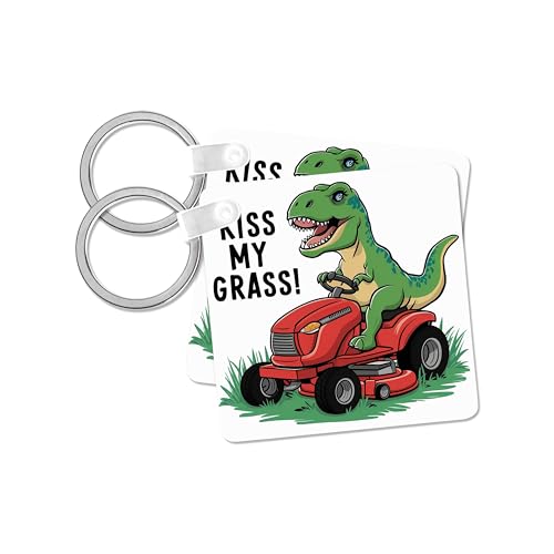 3dRose, Funny Cute Green T-rex Dinosaur on Riding Lawn mower Kiss my Grass, set of 2 Key Chains